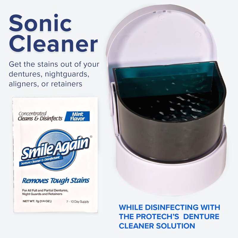 Smile Again Care Kit, Denture, Retainer & Aligner Care and Cleaning Bundle with Ultrasonic Denture & Retainer Cleaner, Brush, Denture Cleaning Solution, and Informational Brochure, Pack of 3