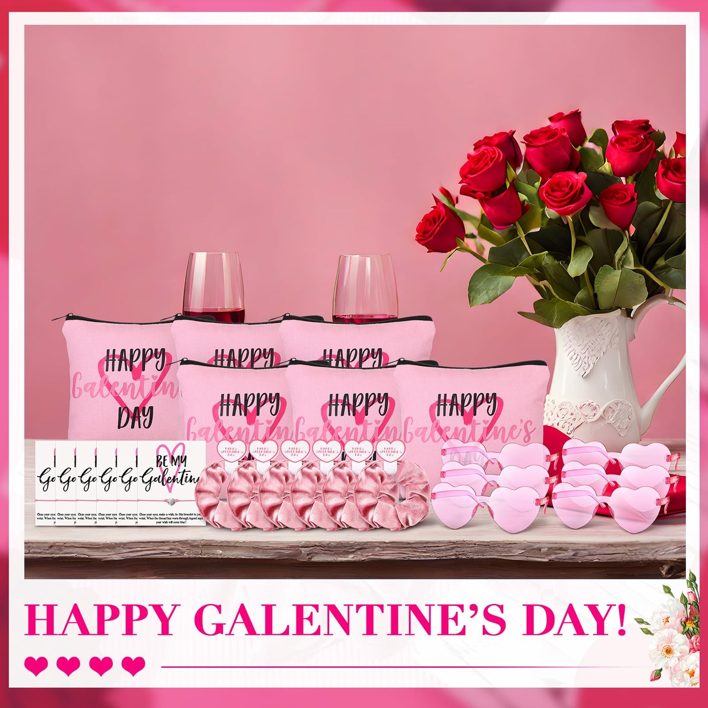 Landical 12 Set Galentine's Day Gift Set Include Makeup Bags Greeting Cards Velvet Hair Scrunchies Bracelets Sunglasses Gifts for Women