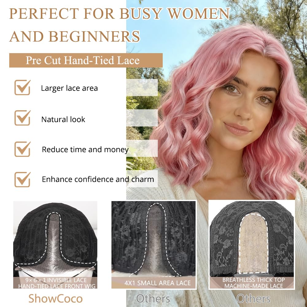 Pink Wig for Women Pre Cut Hand-Tied Lace Short Wigs for Women Wavy Natural Hairline Middle Part Hair Replacement Wigs for Beginners 14 Inch Natural Bob Style Synthetic Wig 3 Seconds Wear for Daily