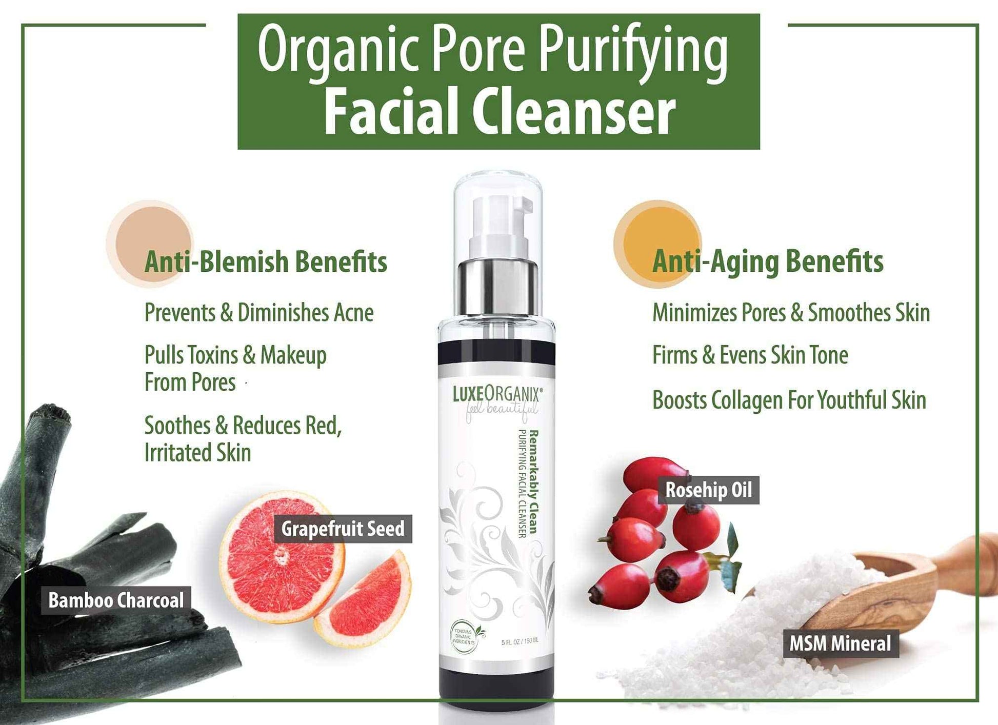 LuxeOrganix Purifying Organic Face Wash for Oily Skin with Bamboo Charcoal, Vitamin C, Aloe Vera, and Silicone Scrubby (5 oz)