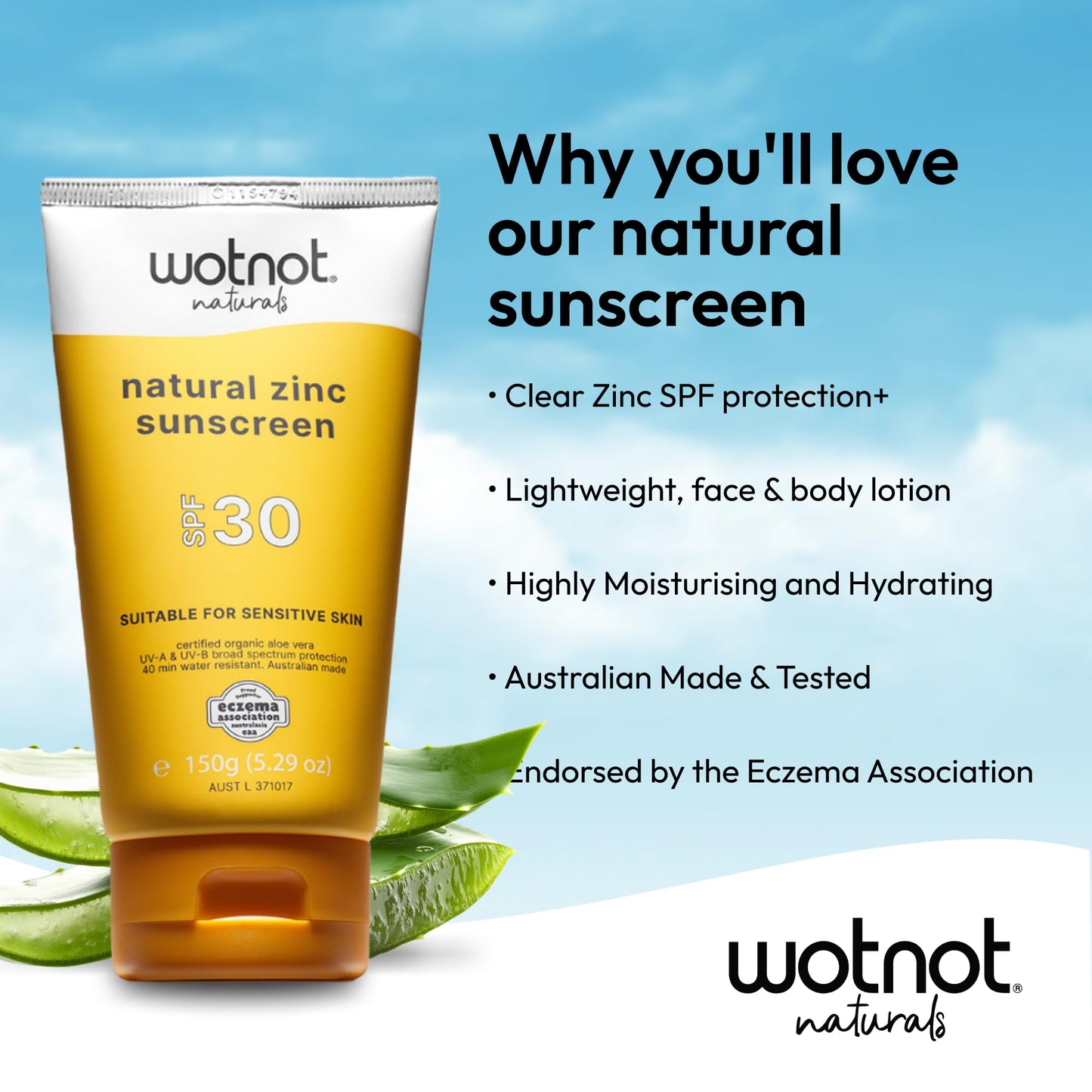 Wotnot Natural Zinc Sunscreen SPF 30 for Sensitive Skin, Mineral Sunscreen for Face & Body, Fragrance-Free Daily Sun Protection for Adults & Family, 5.3oz (150g)