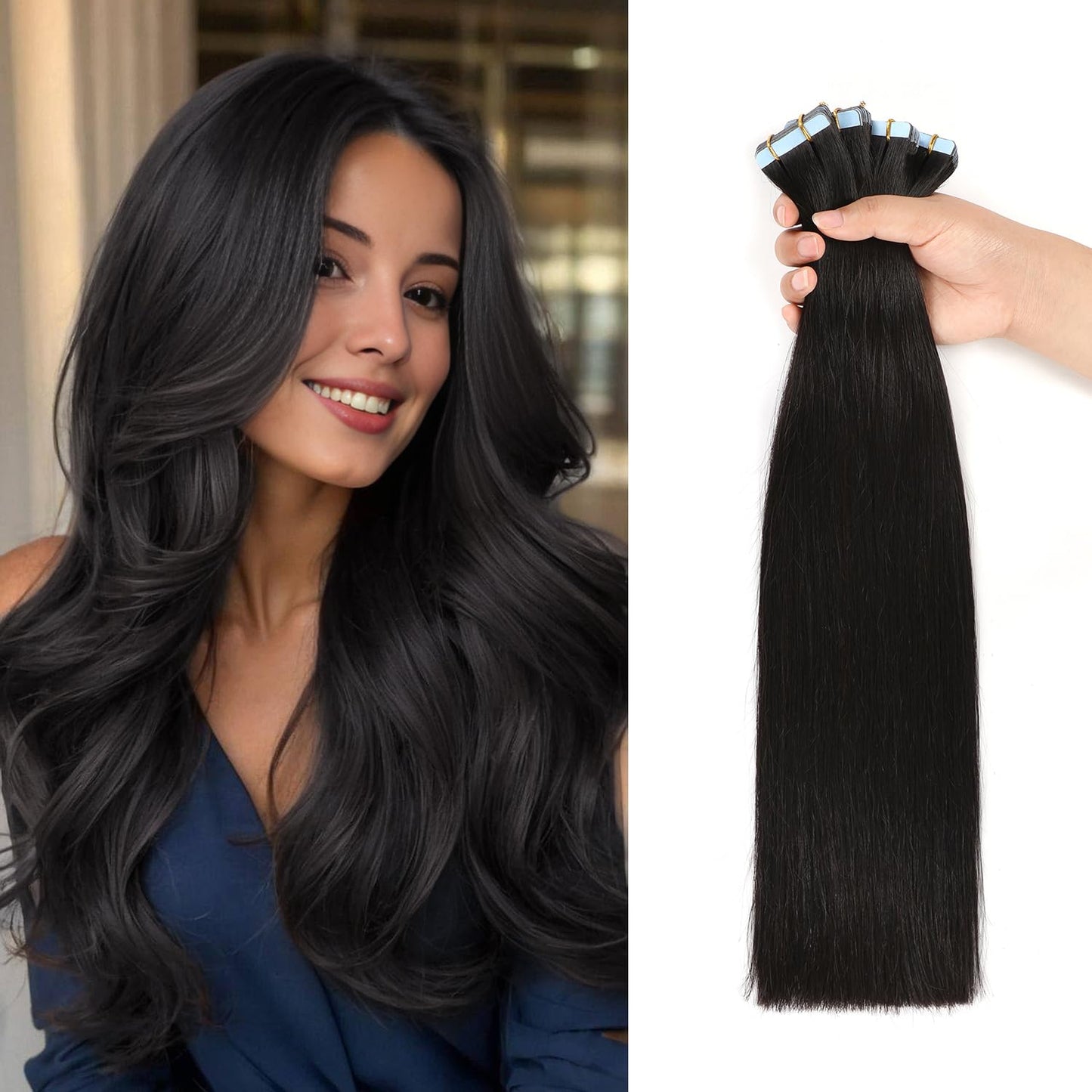 JESSBO Tape in Hair Extensions Human Hair Straight Natural Black 100% Remy Human Hair 18 inch 20pcs 50g/pack Seamless Skin Weft Tape in Extensions for Women (18 Inch #1B Natural Black)