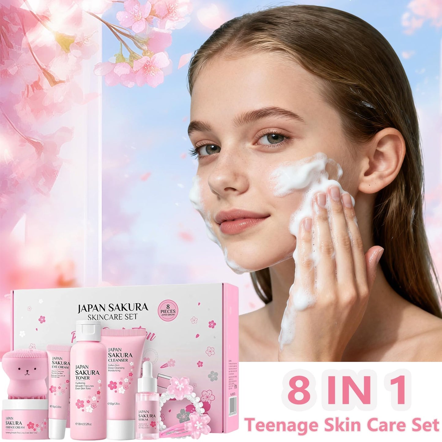 Skin Care Set for Teens Girls,Cherry Blossoms Skincare for Girls 10-12,Hydrating Face Skin Care Kit with Cleanser,Toner,Serum,Eye Cream,Face Cream,Galentines Gifts,Bulk Gift,Valentines Day Gifts