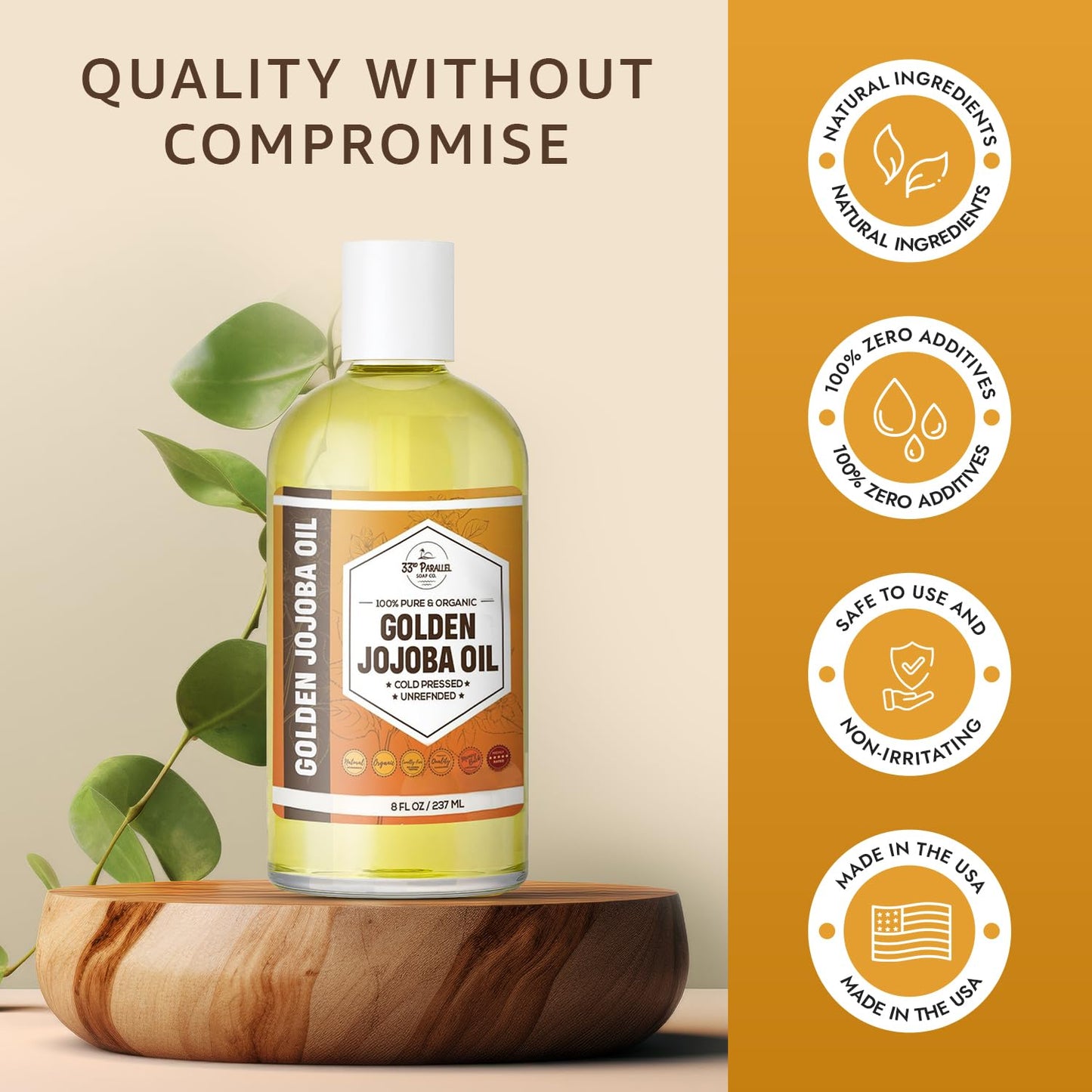 33rd PARALLEL | Golden Jojoba Oil (32 oz) Cold Pressed & Unrefined; Non-GMO; 100% Pure & Natural Hexane Free | Moisturizing Oil for Skin, Face, Hair & Nails | 32 FL OZ