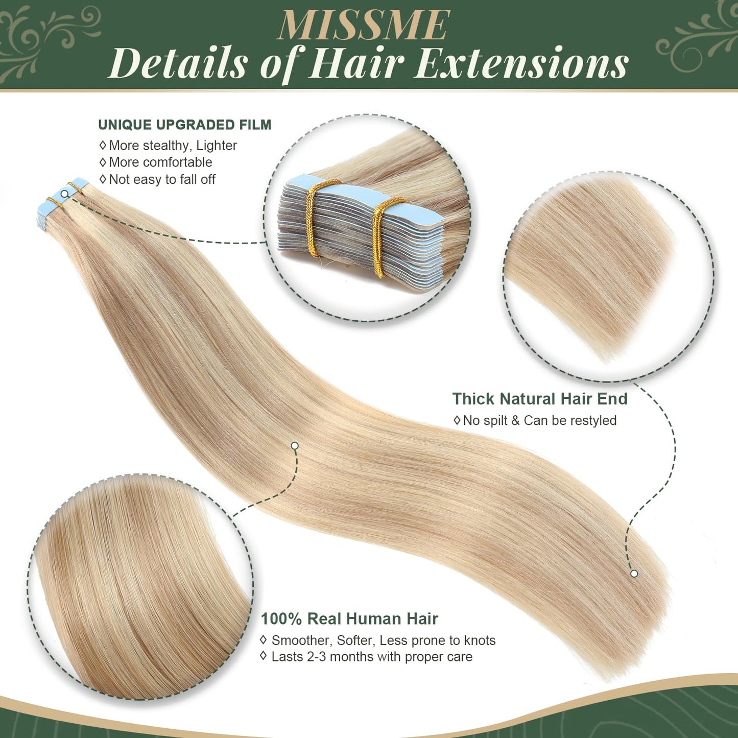 Missme Tape in Hair Extensions Human Hair 16 inch 20 Pcs 40g #P18/613 Ash Blonde Tape ins Human Hair Extensions Remy Hair Skin Weft Seamless Invisible Silky Straight Thick Ends Add Length