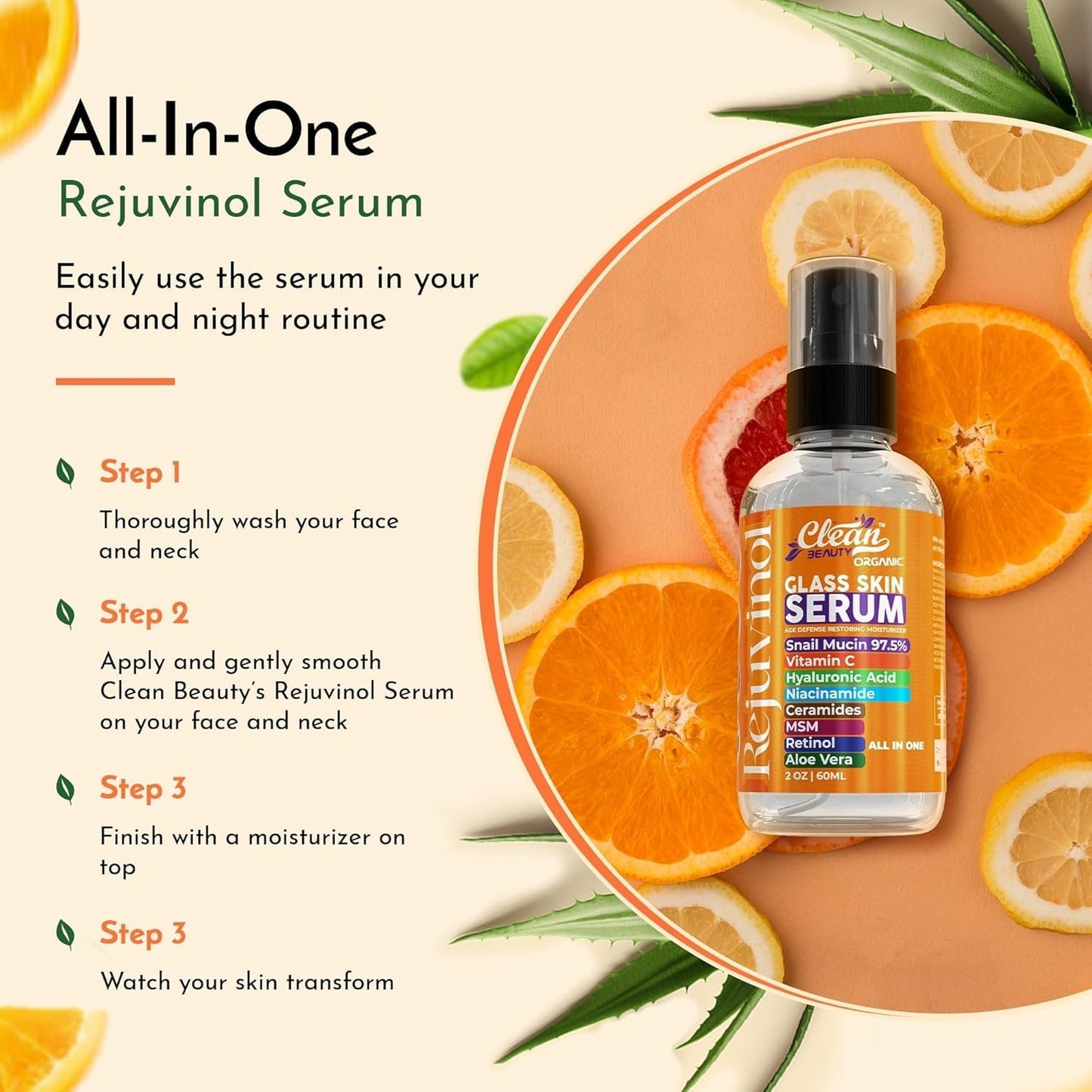 Clean Beauty Snail Mucin Serum Vitamin C Face Serum Anti Aging with Hyaluronic Acid Niacinamide Retinol MSM Aloe Vera & Ceramides - Korean Skin Care Dark Spot Remover for Glowing Skin - Pack of 2