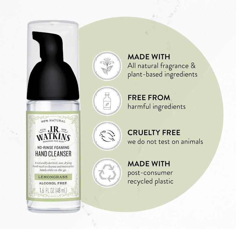 J.R. Watkins No-Rinse Foaming Hand Cleanser - All-Natural Lemongrass Foam Soap | 1.6 fl. Oz., 6 Pack
