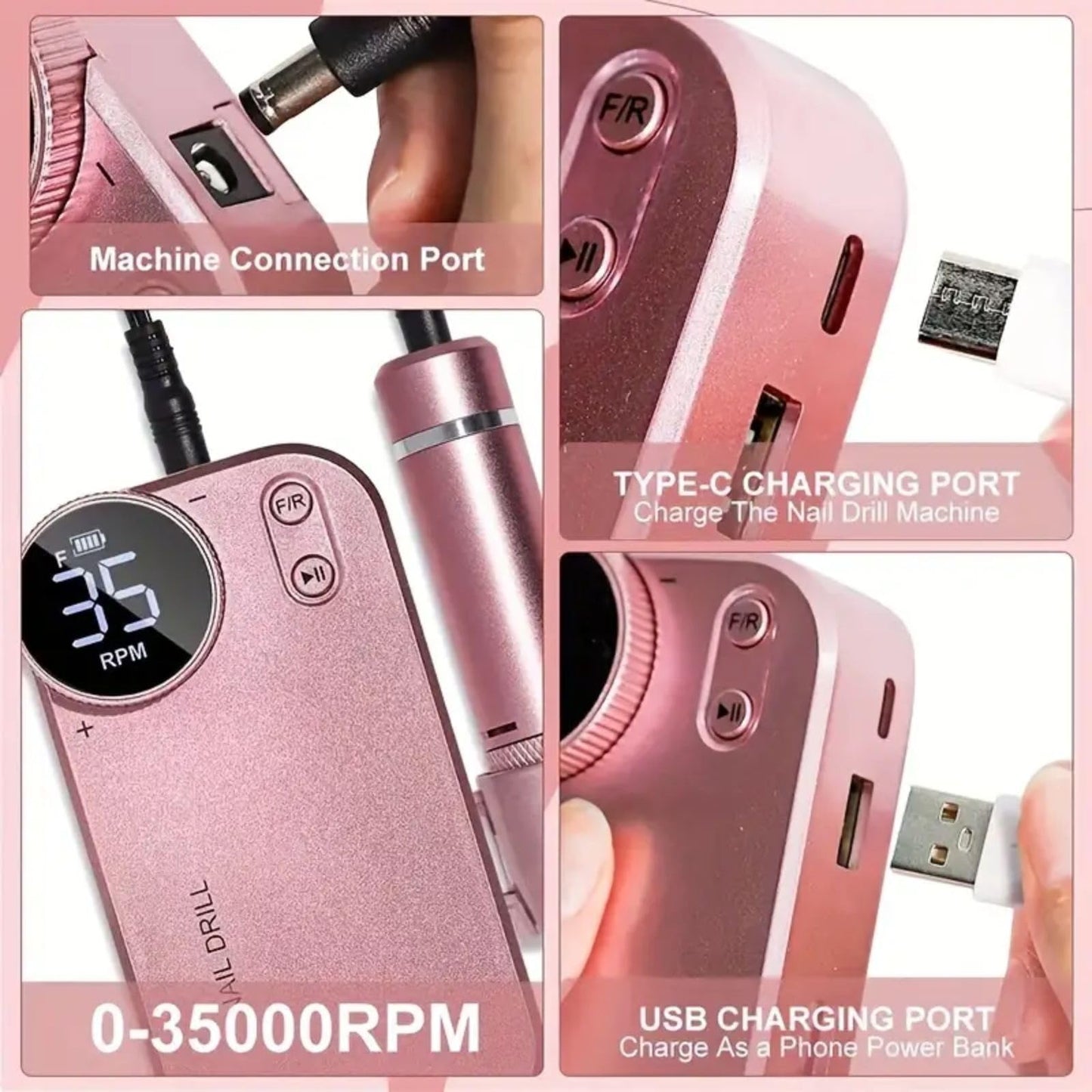 Rechargeable Nail Drill Machine for Acrylics - 35,000 RPM Professional E File with 8 Bits & LCD Display, Ultra-Quiet Electric Nail File for Salon & Home Manicure/Pedicure