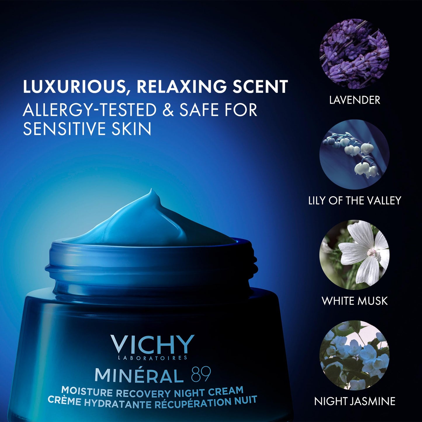 VICHY Minéral 89 Moisture Recovery Night Cream, Face Moisturizer with Hylauronic Acid, Melatonin & Minerals for Skin Barrier Repair, Plumps Skin, Non-Greasy, 50ml