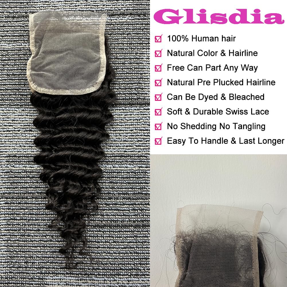 4x4 Lace Closure Human Hair 20 Inch Deep Wave Closure Pre Plucked with Babyhair Free Part Transparent Lace Closure 100% Unprocessed Brazilian Virgin Human Hair Closure Natural Black