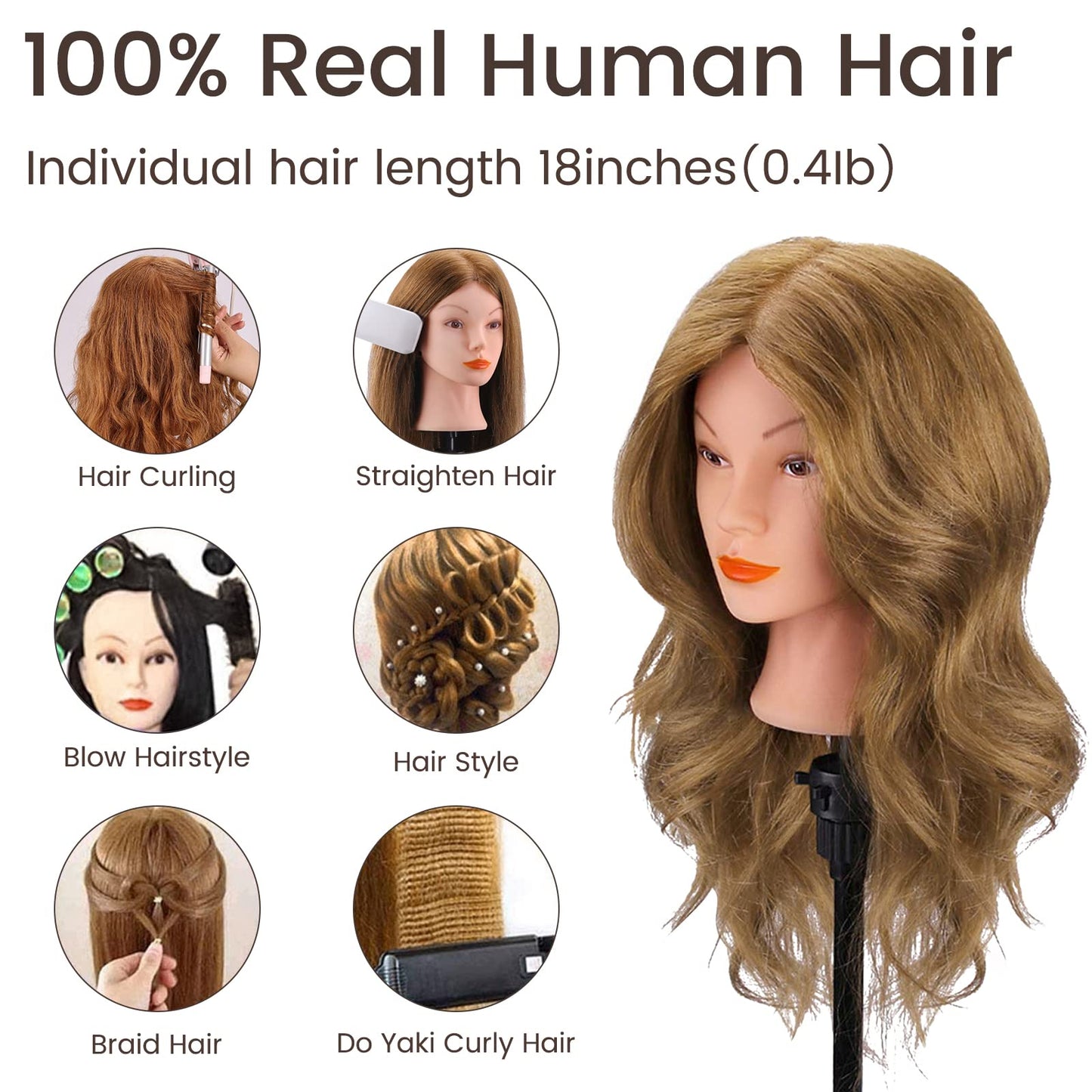 Mannequin Head with 100% Real Hair for Cosmetology, CENOZ 18" Light Brown Hairdresser Training Head with Clamp Holder and Tool, Doll Head Mannequin Head for Hair Styling Practice