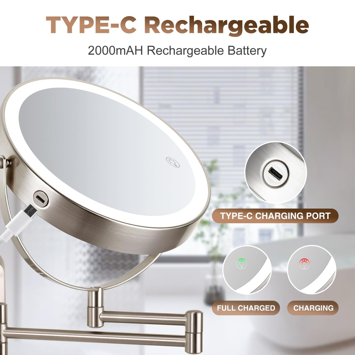 30X Wall Mounted Makeup Mirror with Lights,3 Color Modes Dimmable & Adjustable Double Side, Bathroom Vanity Makeup Mirror with 360 Rotation Extendable Swivel Arm,Magnifying Mirror - Brushed Nickel