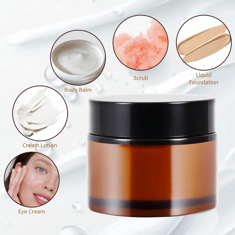 48 Pack 2oz Amber Glass Jars with Lids, Airtight Small Containers with Liners Lid for Cosmetics, Crams, Lotions Powder, Onitments Candle Making, DIY | Leak-Proof, Reusable