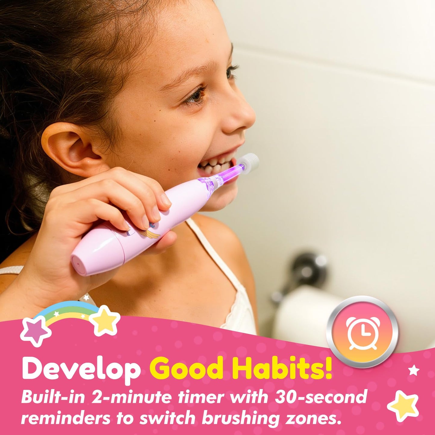 ReDISEN Electric Toothbrush for Kids Toddler 1-5 Years, Unicorn Toothbrush with LED Light, 360° Sonic Baby Toothbrush, 2 Min Timer, Gentle Vibration, Pink Unicorn Design for Girls