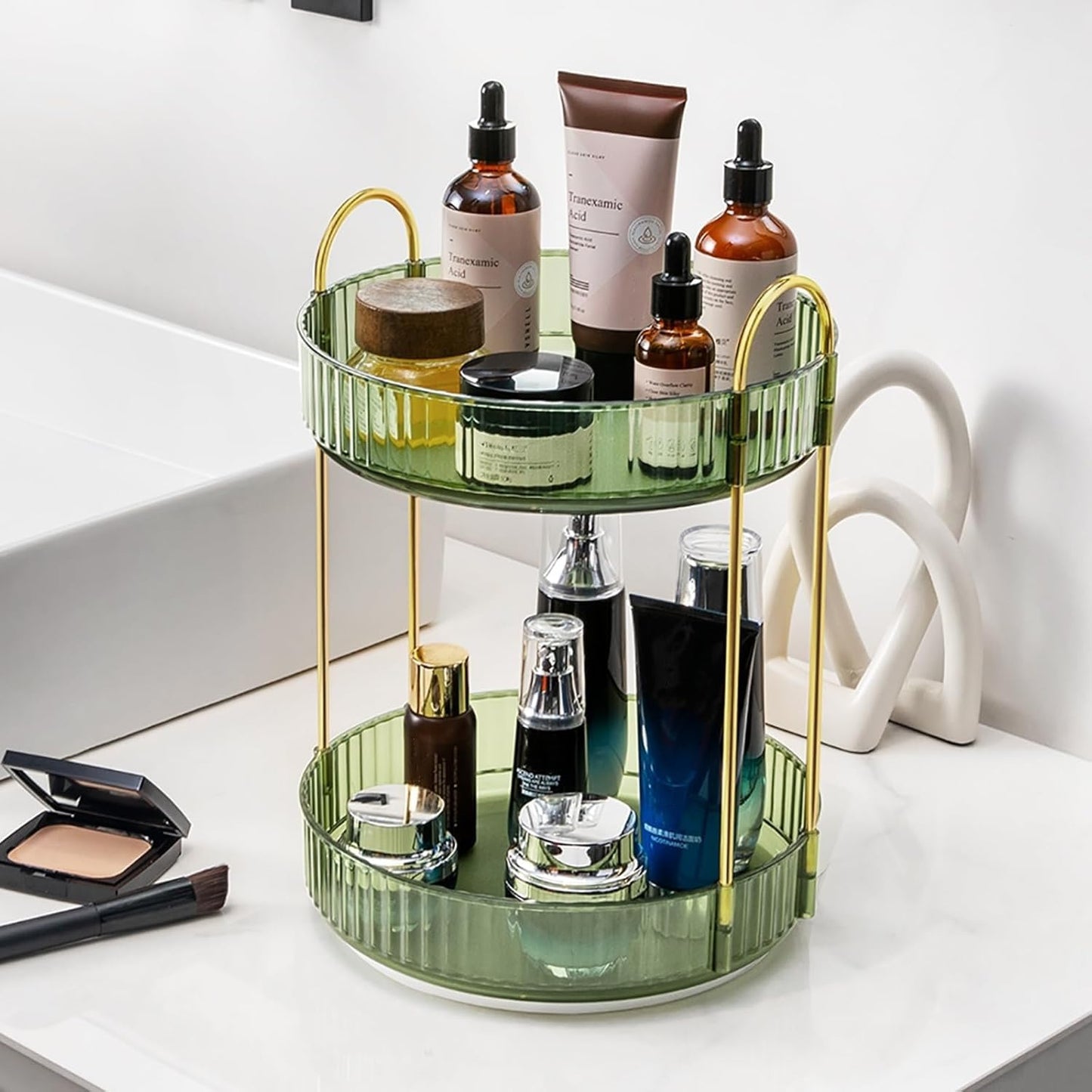 Makeup Organizer for Vanity, 360° Rotating Bathroom Organizer Countertop, High-Capacity Skincare Organizer, Spinning Cosmetics Organizer for Dresser Countertop (2 Tiers, Green)
