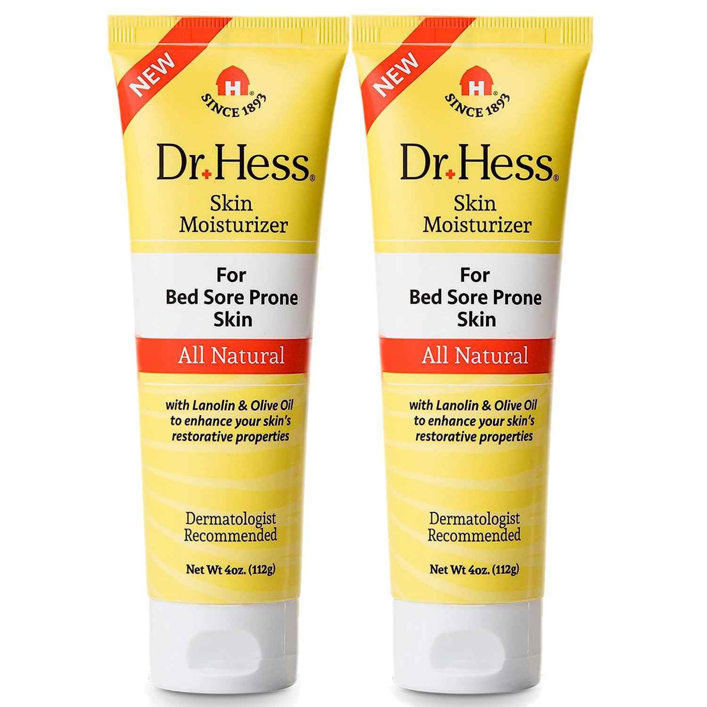 Dr. Hess Skin Moisturizer for Bed Sore Prone & Dry Skin, All Natural with Lanolin, Olive Oil, Jojoba Oil & Beeswax, Paraben & Sulfate Free, Hydrating Body & Face Cream, 4 oz, 2 Pack