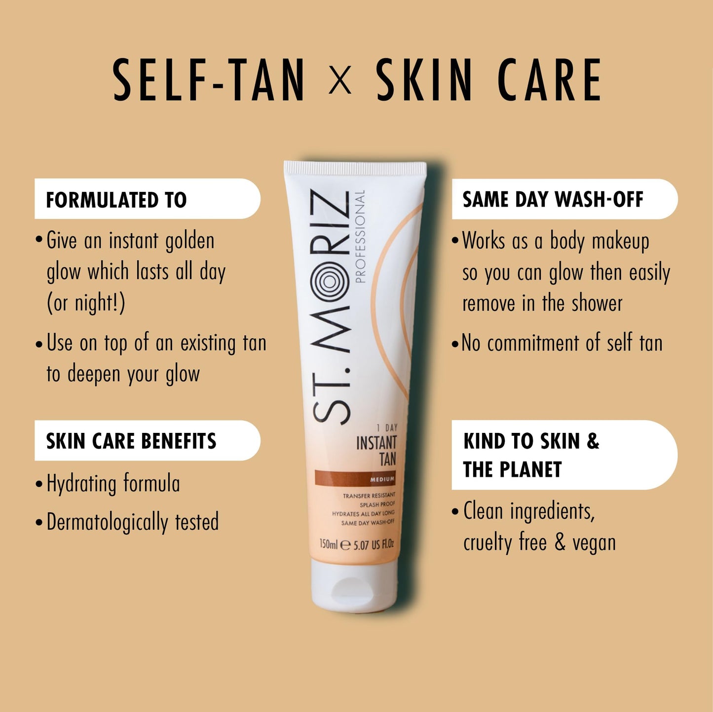 St. Moriz Professional Medium Instant Tan – 1 Day Wash-Off Fake Tan Lotion with Aloe Vera & Vitamin E – Fast-Drying, Transfer-Resistant, Vegan, 150ml