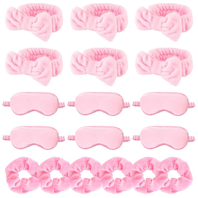 WHAVEL 18 Pcs Sleepover Party Supplies for Girls - Pink Party Favors Include 6 Spa Headband, 6 Silk Eye Mask and 6 Velvet Scrunchies for Spa Birthday, Bachelorette, Slumber (Pink)
