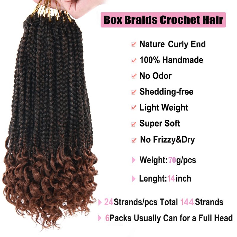 Box Braid Crochet Hair - 14 Inch Ombre Brown Curly Wave Goddess Braids | 144 Roots, 24 Strands
