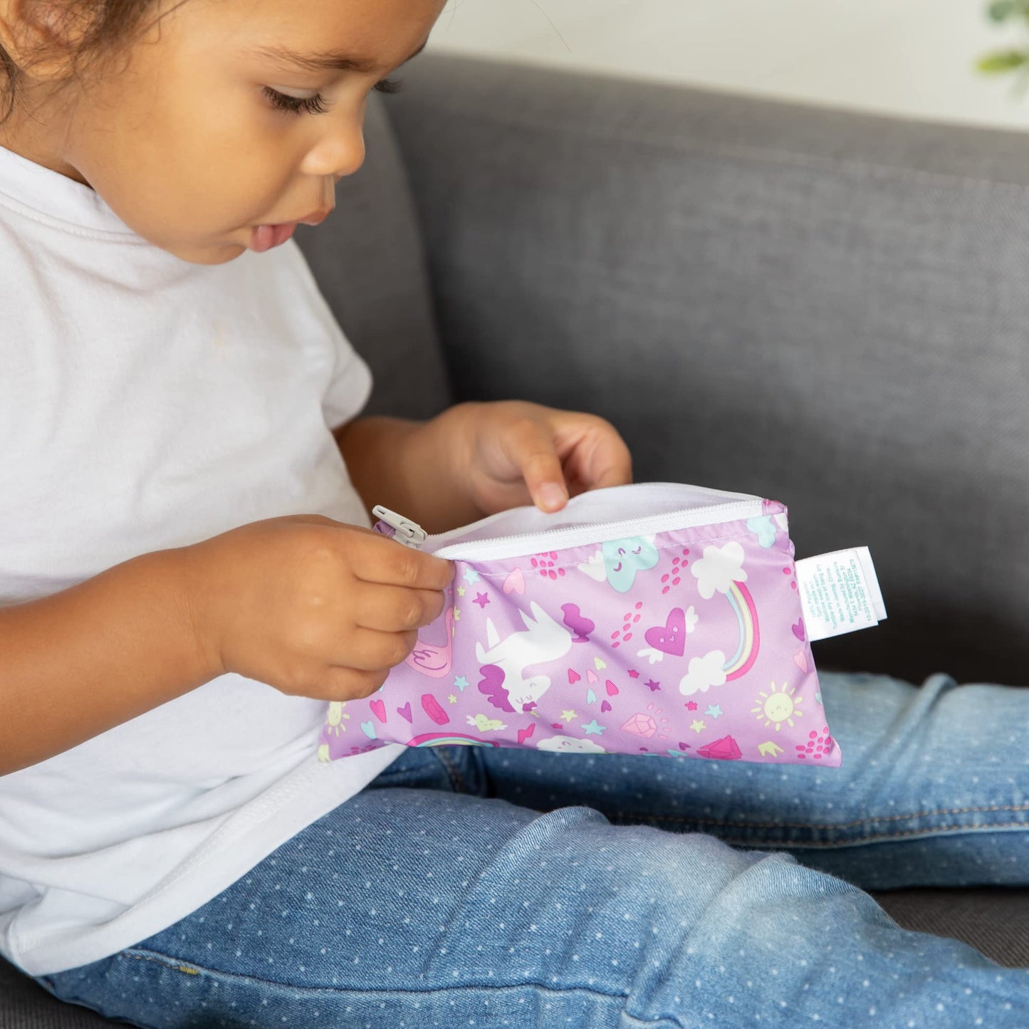 Bumkins Reusable Snack Bags, for Kids School Lunch and for Adults Portion, Washable Fabric, Waterproof Cloth Zip Bag, Supplies Travel Pouch, Food-Safe, 2-pk Unicorns and Rainbows