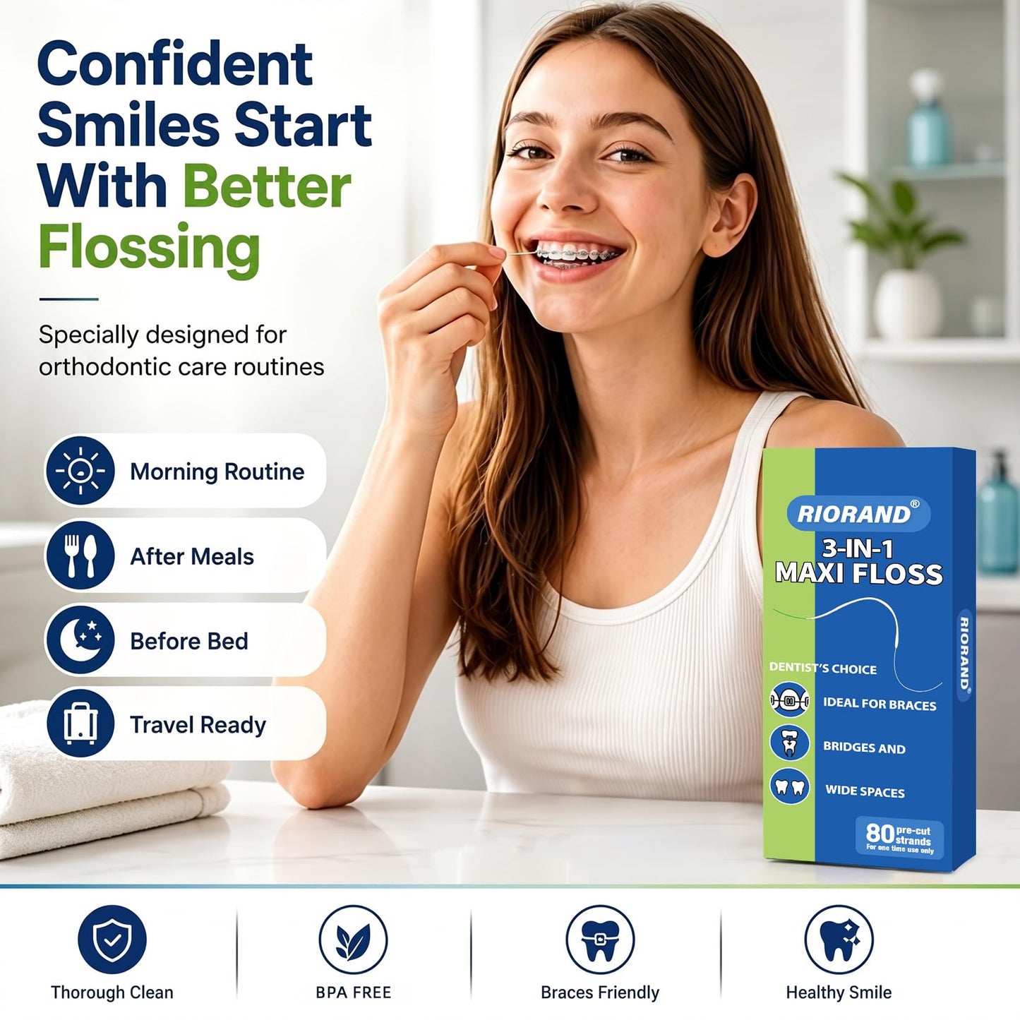 RioRand 3-in-1 Orthodontic Floss Threaders for Braces, Bridges & Implants - Pre-Cut Strands with Stiffened End & Spongy Expanding Floss, PFAS-Free 160 Count (Pack of 2)