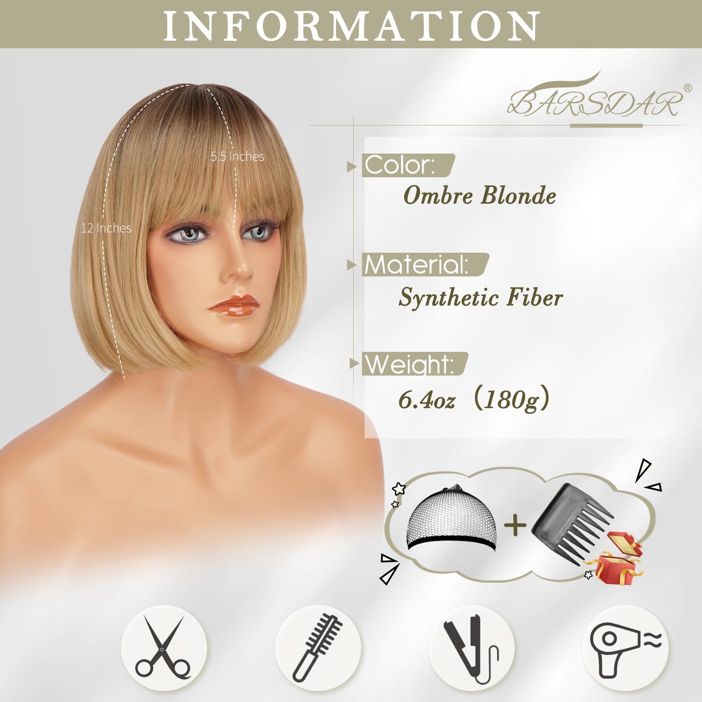 BARSDAR Short Bob Wig with Bangs - Short Blonde Ombre Bob Wigs with Bangs for Women - 12 Inch Chin-Length Blonde Wig with Dark Roots Natural Looking Soft Synthetic Hair Replacement Daily Halloween