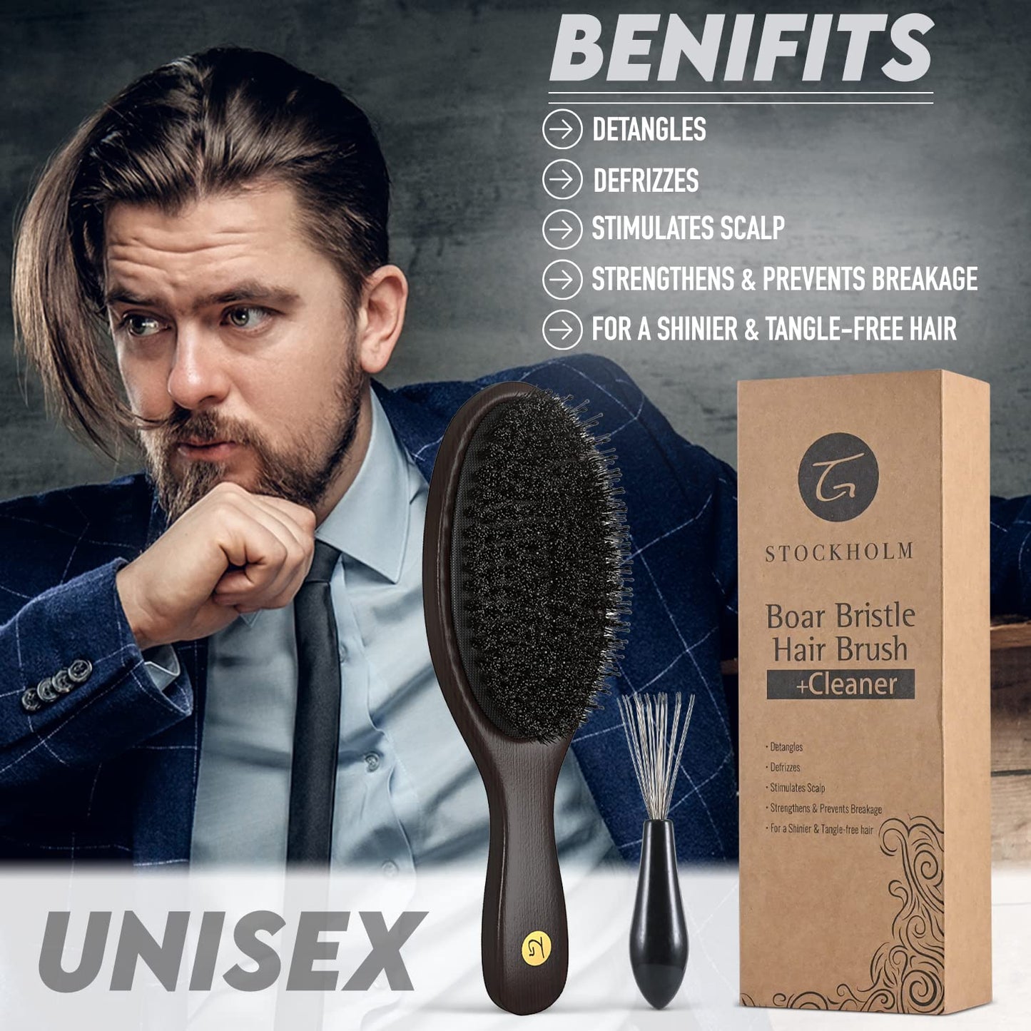 Truly Genuine Stockholm Boar Bristle Hair Brush for Men & Women