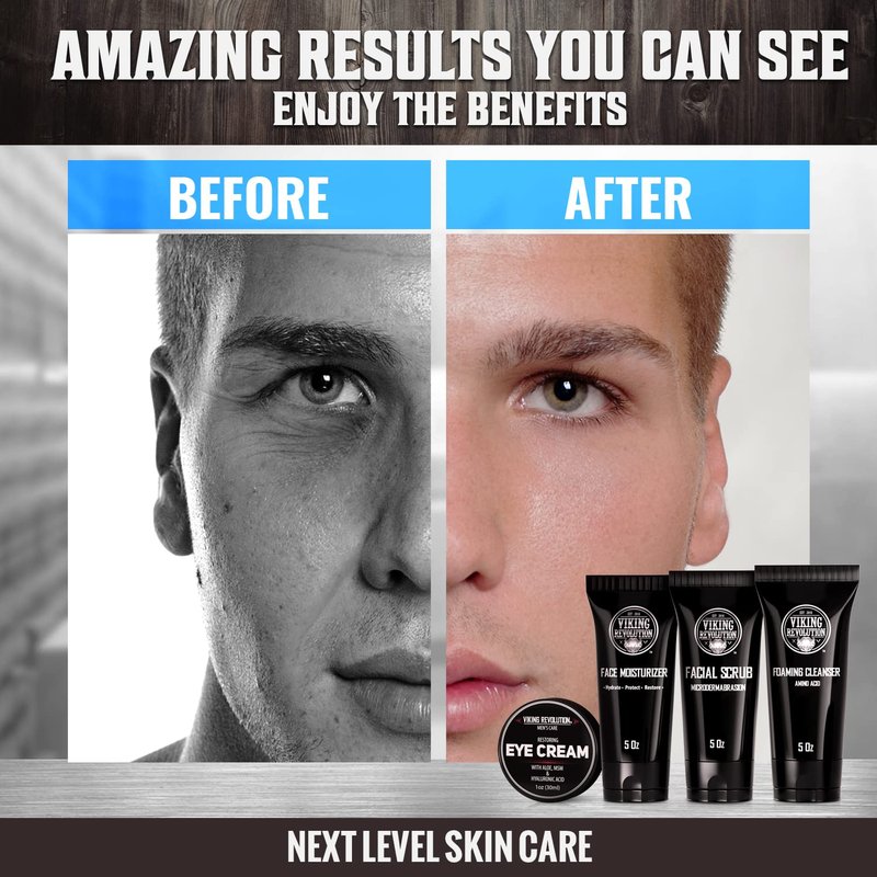Viking Revolution Men's Facial Skin Care Kit | Moisturizer, Scrub, Cleanser & Eye Cream - 5oz Each, 1oz Eye Cream