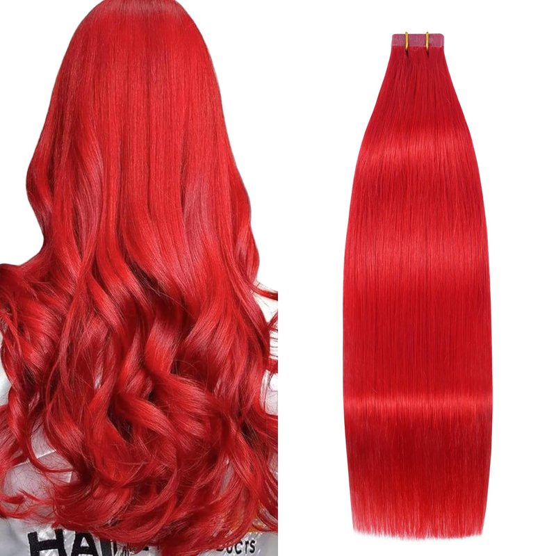 Aison Red Tape in Hair Extensions Human Hair Remy Human Hair Extensions Silky Straight for Women 20 Pcs/Package 18 Inch 40G 100%