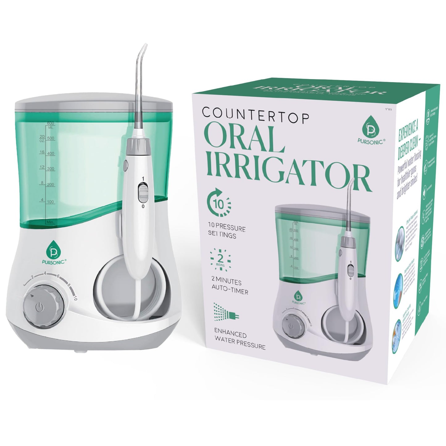 Pursonic OI-200 Professional Water Flosser for Teeth with 3 Nozzles - Bonus Tongue Scraper Multiple Pressure Settings - Electric Flosser Timer and Plaque Removal for Gum Health