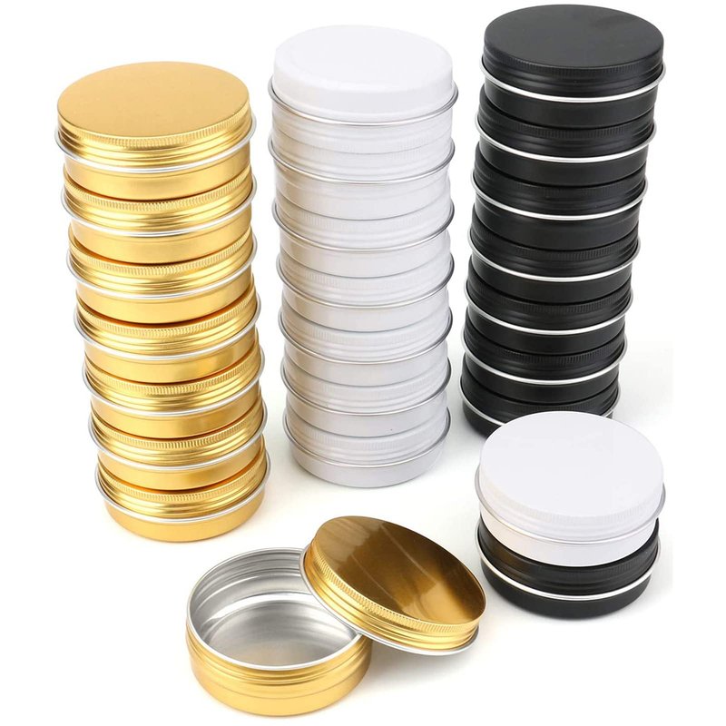 Tosnail 48 Pack 2 oz Round Tins with Screw Lids Lip Balm Tin Container Aluminum Empty Tins Cosmetic Containers Metal Storage Tin Jars - Black, White and Gold