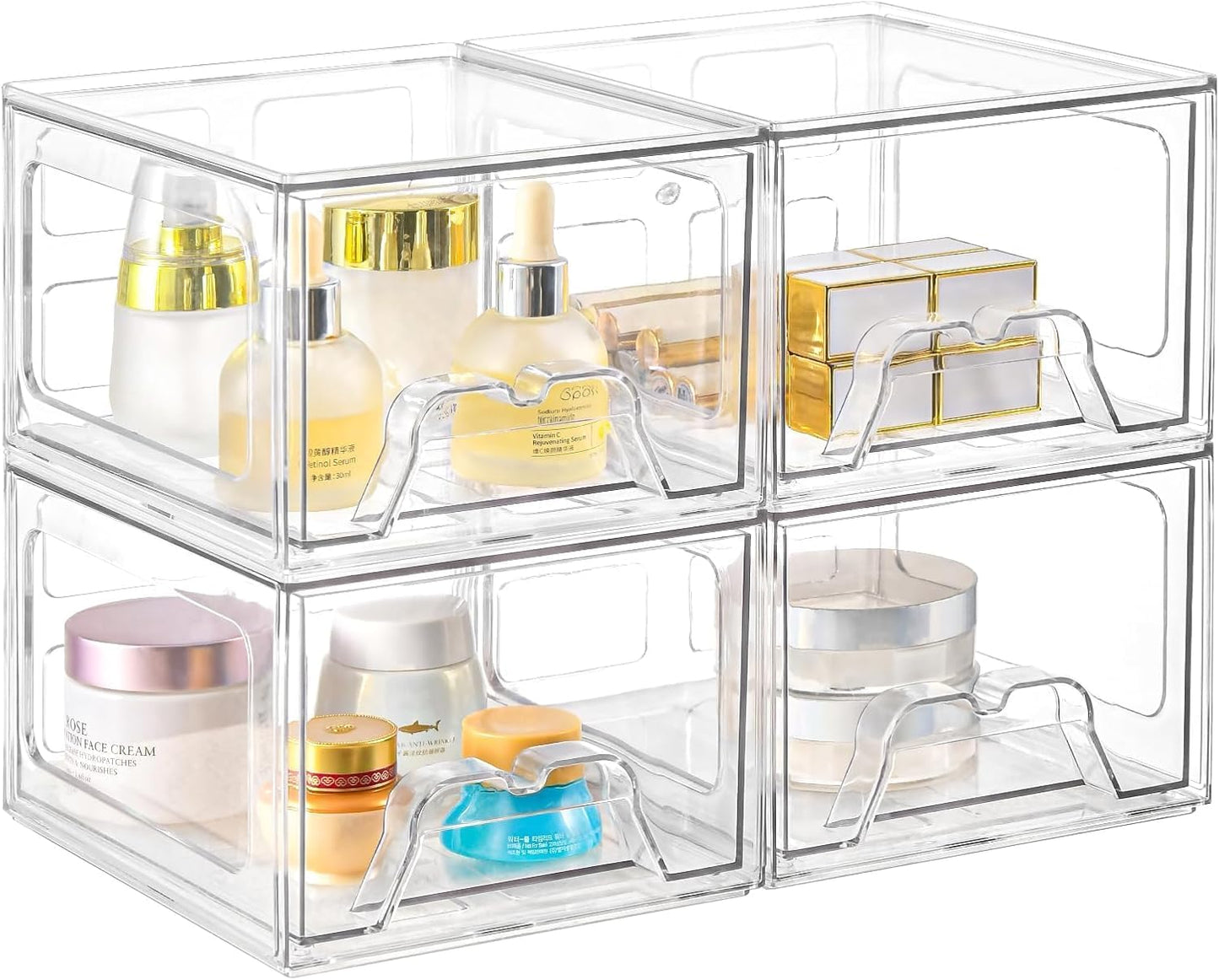 Stackable Makeup Organizer - Clear Plastic Storage Drawers Set of 4 | Ideal for Vanity & Bathroom Organization