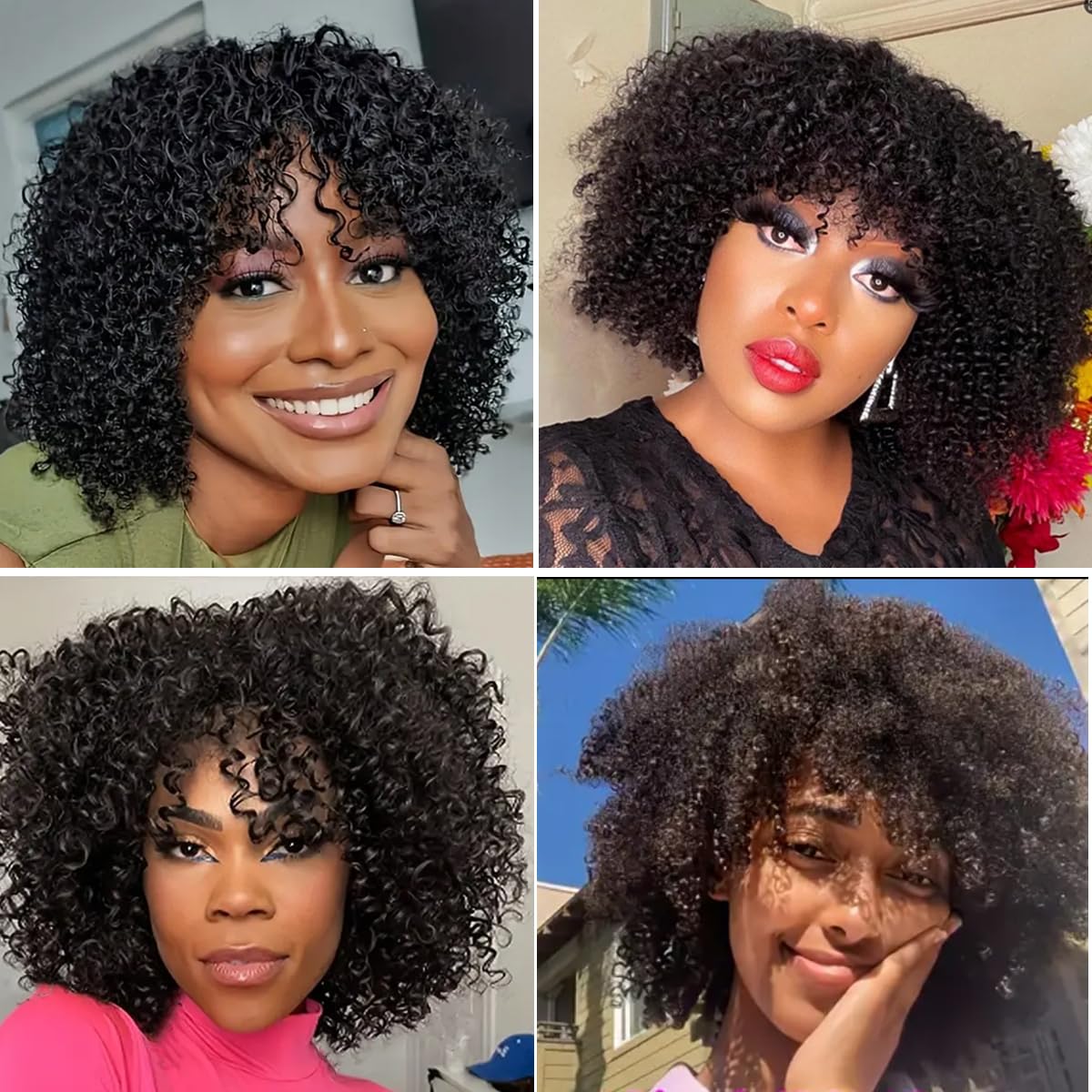 Afro Kinky Curly Wig Human Hair with Bangs Jerry Curly Human Hair Wig Burmese Curly Afro Kinky-Curly Human Hair Glueless Wear and Go for Black Women 12“