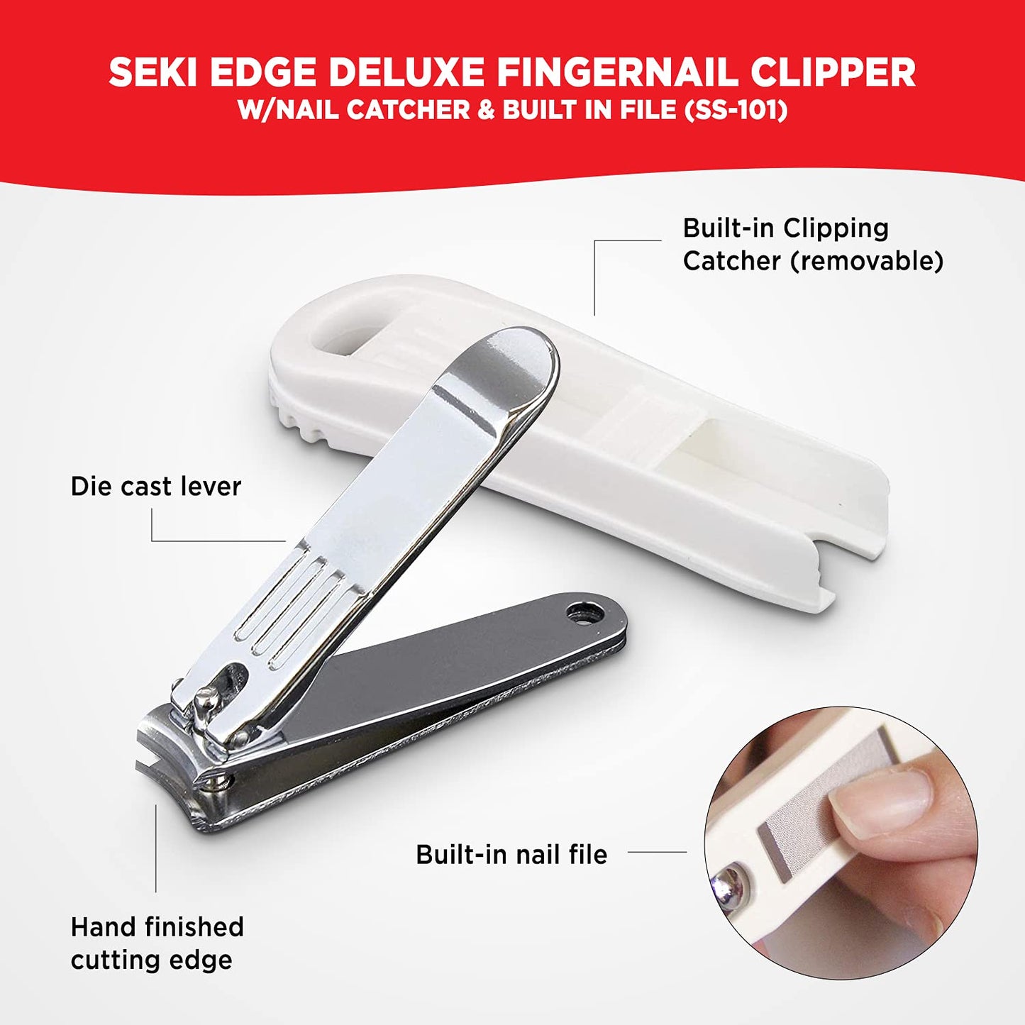 Seki Edge Deluxe Fingernail Clipper w/Nail Catcher & Built in File (SS-101)