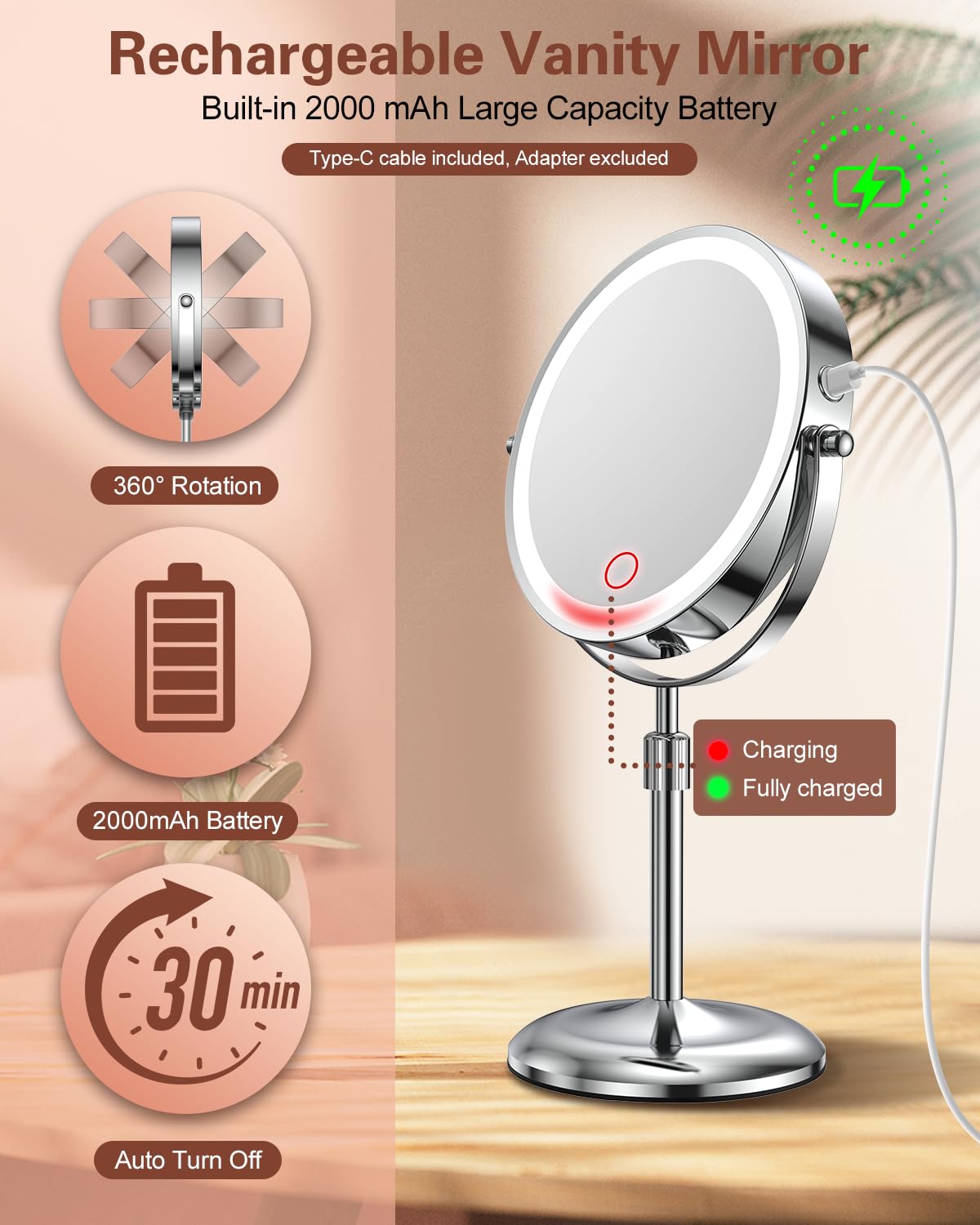 Benbilry 7" Lighted Makeup Mirror with Magnification 10X & 3 Color Lights, Adjustable Brightness & Height, 360° Swivel Rechargeable LED Magnifying Make Up Vanity Mirror with Lighting (Silver)