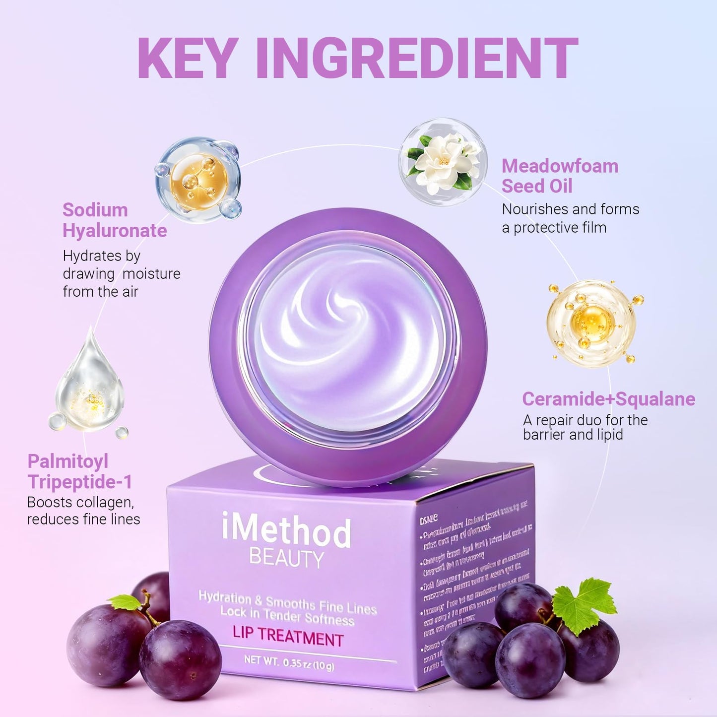 iMethod Overnight Lip Mask - Hydrating Lip Butter Balm with Hyaluronic Acid, Lip Moisturizer For Very Dry Lips, Lip Sleeping Mask to Nourish & Repair Cracked Lips, Smoothes Fine Lines - Grape