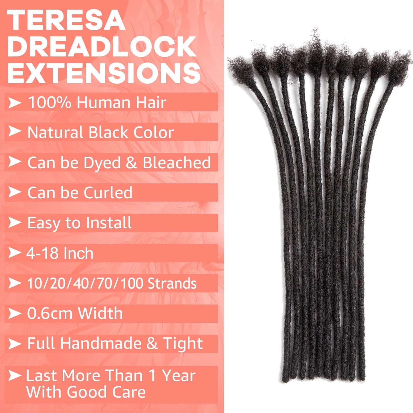 Teresa Dreadlock Extensions Real Human Hair 16 Inch 0.6cm Width Loc Extension Human Hair 10 Strands Full Hand-made Permanent Locs Extensions Natural Black Can Be Dyed and Bleached for Men/Women/Kids