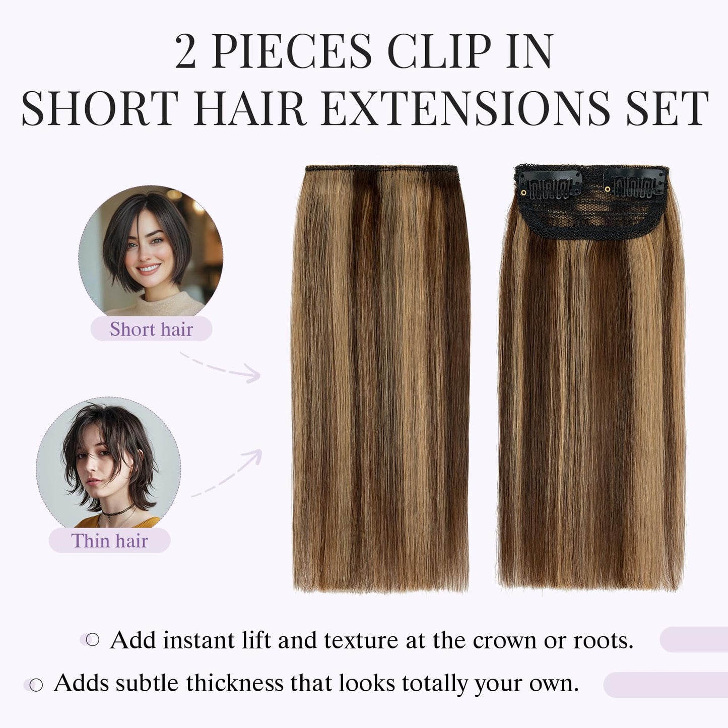 S-noilite 2 pieces 8 inch Clip In Short Hair Extensions 100% Remy Human Hair Invisible Mini Short Clip in Hairpiece for Women with Thinning Hair Medium Brown Mixed Dark Blonde
