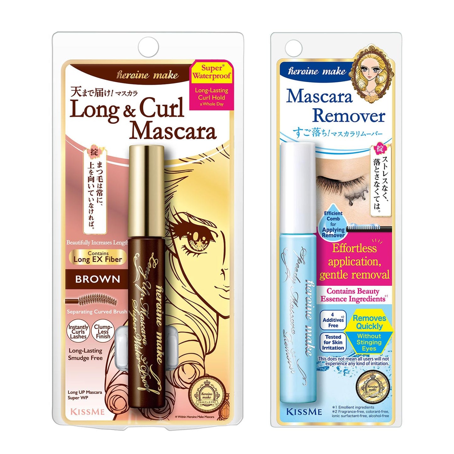 Heroine Make by KissMe Long & Curl Mascara + Eye Makeup Remover | Waterproof & Gentle Makeup Remover Liquid | Brown Mascara with Volumizing, Curling Formula | Japanese Makeup