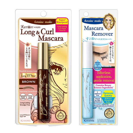 Heroine Make by KissMe Long & Curl Mascara + Eye Makeup Remover | Waterproof & Gentle Makeup Remover Liquid | Brown Mascara with Volumizing, Curling Formula | Japanese Makeup
