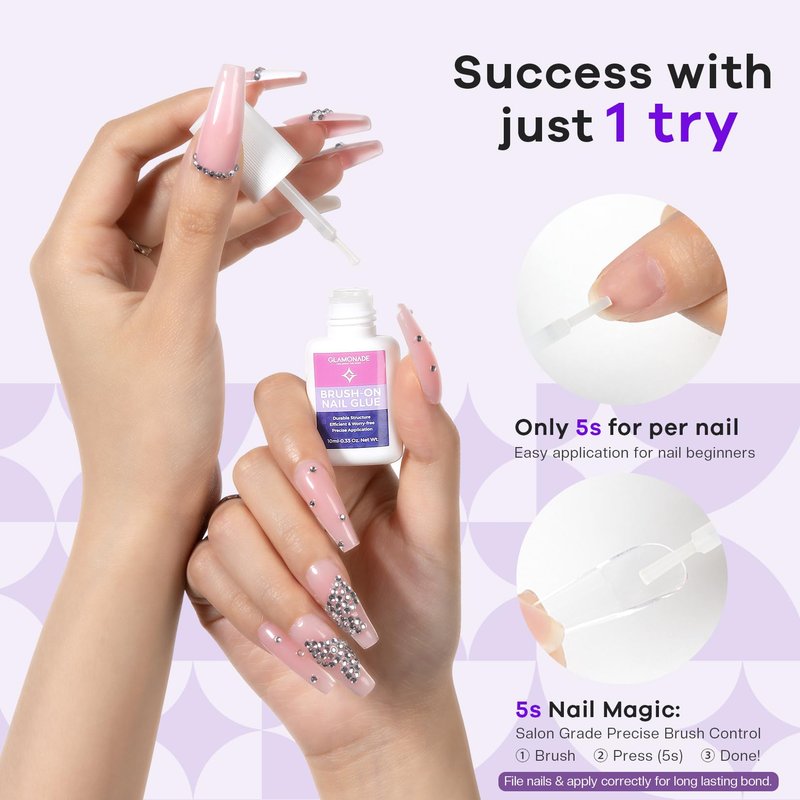 Glamonade Super Strong Nail Glue: Press on Nails, Acrylic Nails, Fake & False Nail Tips Glue - 10ml Brush on Professional Easy Long-Lasting Adhesive(10ml*3)