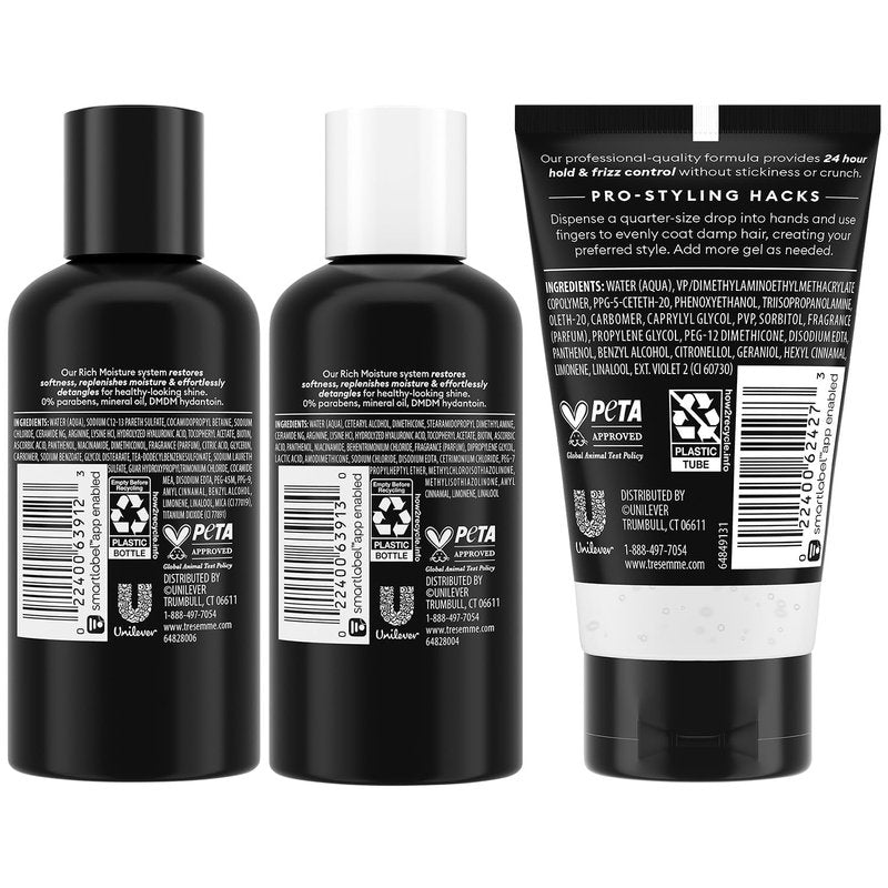 TRESemmé Travel Shampoo, Conditioner & Hair Gel – Rich Moisture Hair Products + Alcohol-Free Styling Gel, 24H Frizz Control (3 Piece Set)