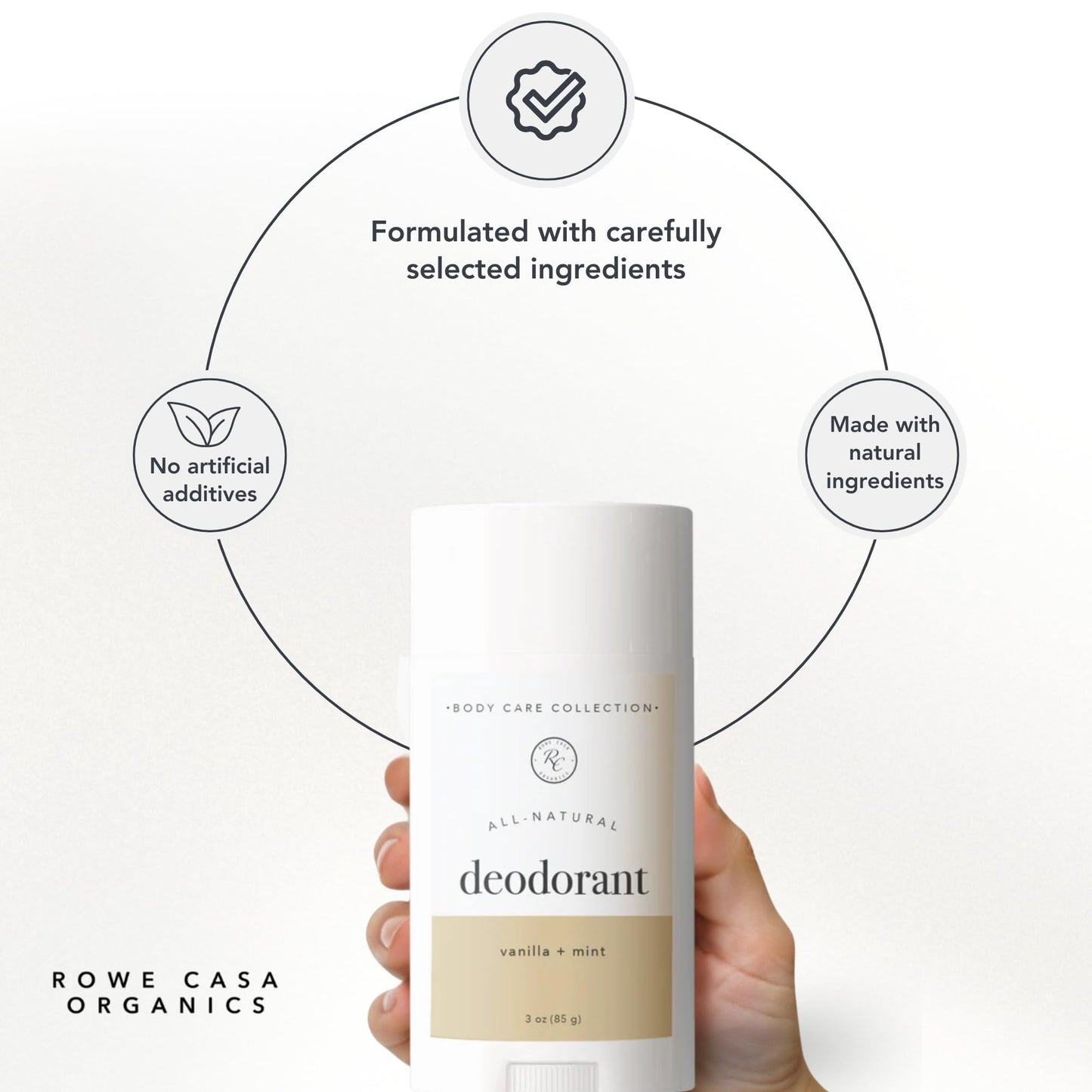 Rowe Casa Organics Vanilla + Mint Natural Aluminum Free Deodorant for Men and Women, Sweet and Refreshing Paraben-Free Deodorant Stick with Therapeutic-Grade Essential Oils, 2.75 oz