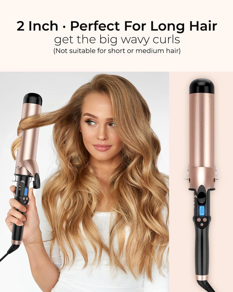 Extra Long Barrel Curling Iron - 2 Inch Ceramic Tourmaline Wand with LCD Display | 10 Heat Settings, Dual Voltage