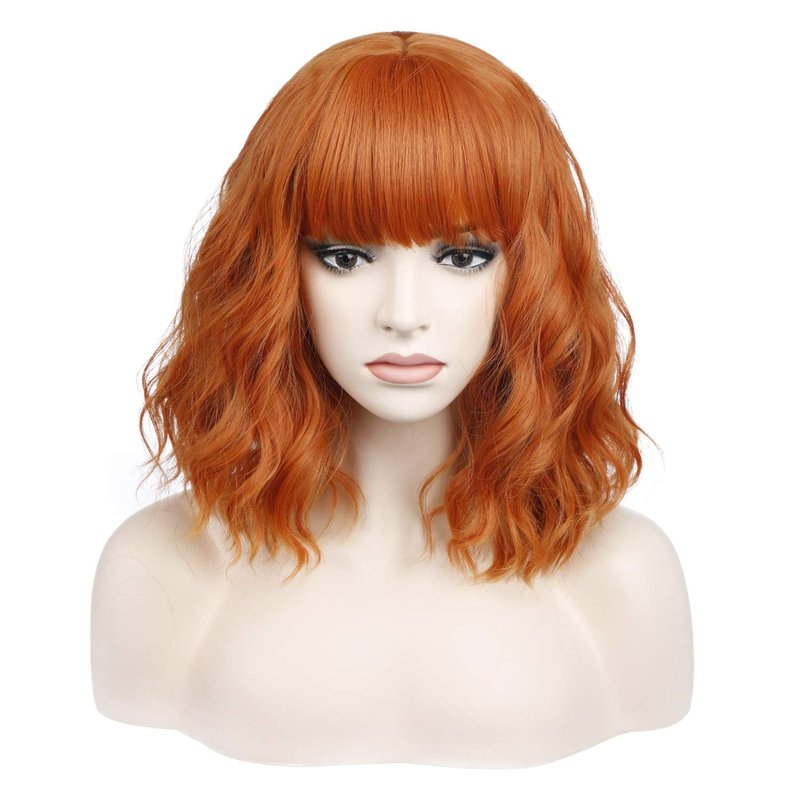 Short Dark Orange Wig with Bangs - Curly Wavy Bob Synthetic Hair for Women | Shoulder Length