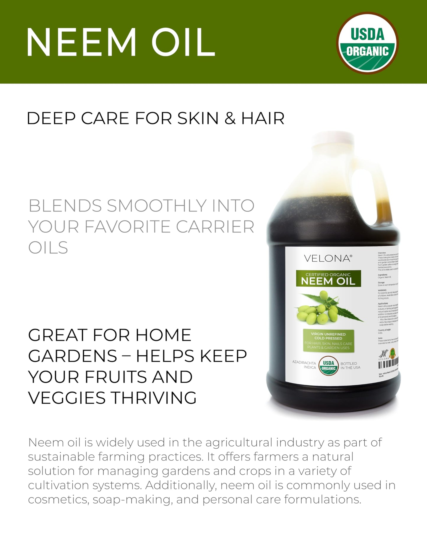 velona Neem Oil USDA Certified Organic - 64 Fl Oz | 100% Pure and Natural Carrier Oil | Virgin, Unrefined, Cold Pressed | Hair, Body and Skin Care | Use Today - Enjoy Results