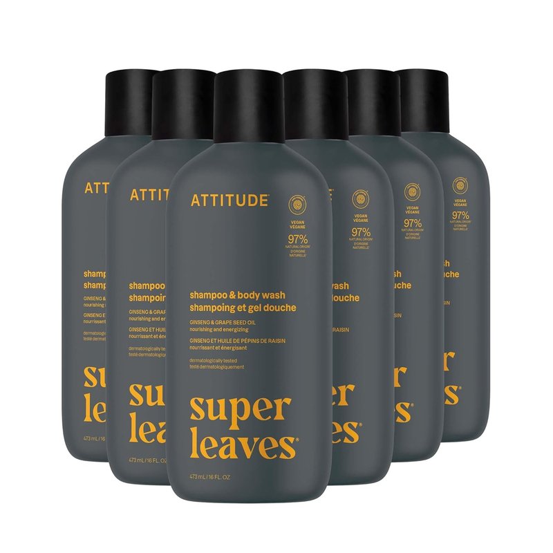 ATTITUDE 2-in-1 Shampoo & Body Wash - EWG Verified, Vegan, Plant-Based | Ginseng & Grapeseed Oil, 16 Fl Oz (Pack of 6)