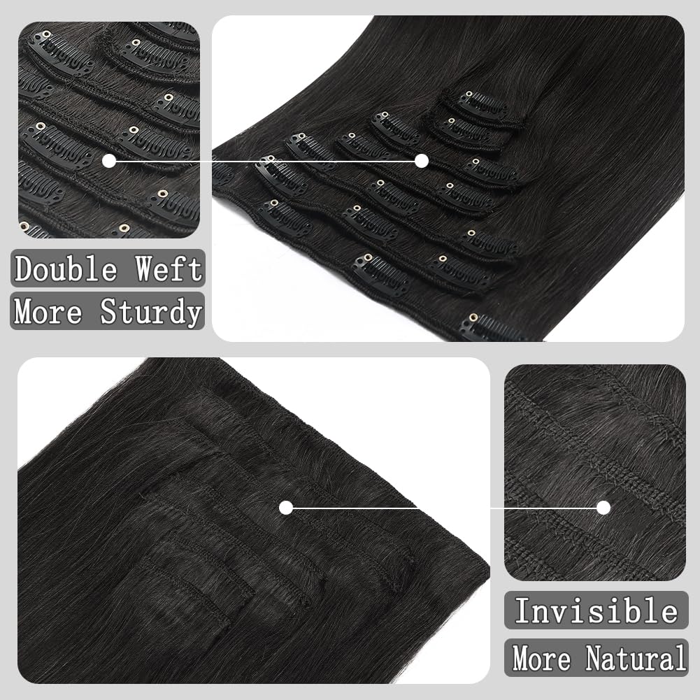 Moucyo Clip in Hair Extensions Real Human Hair 100% Brazilian Remy Human Hair Seamless Invisible clip on hair extensions for women Double Weft 7pcs 16 Inch 85g #1B Natural Black