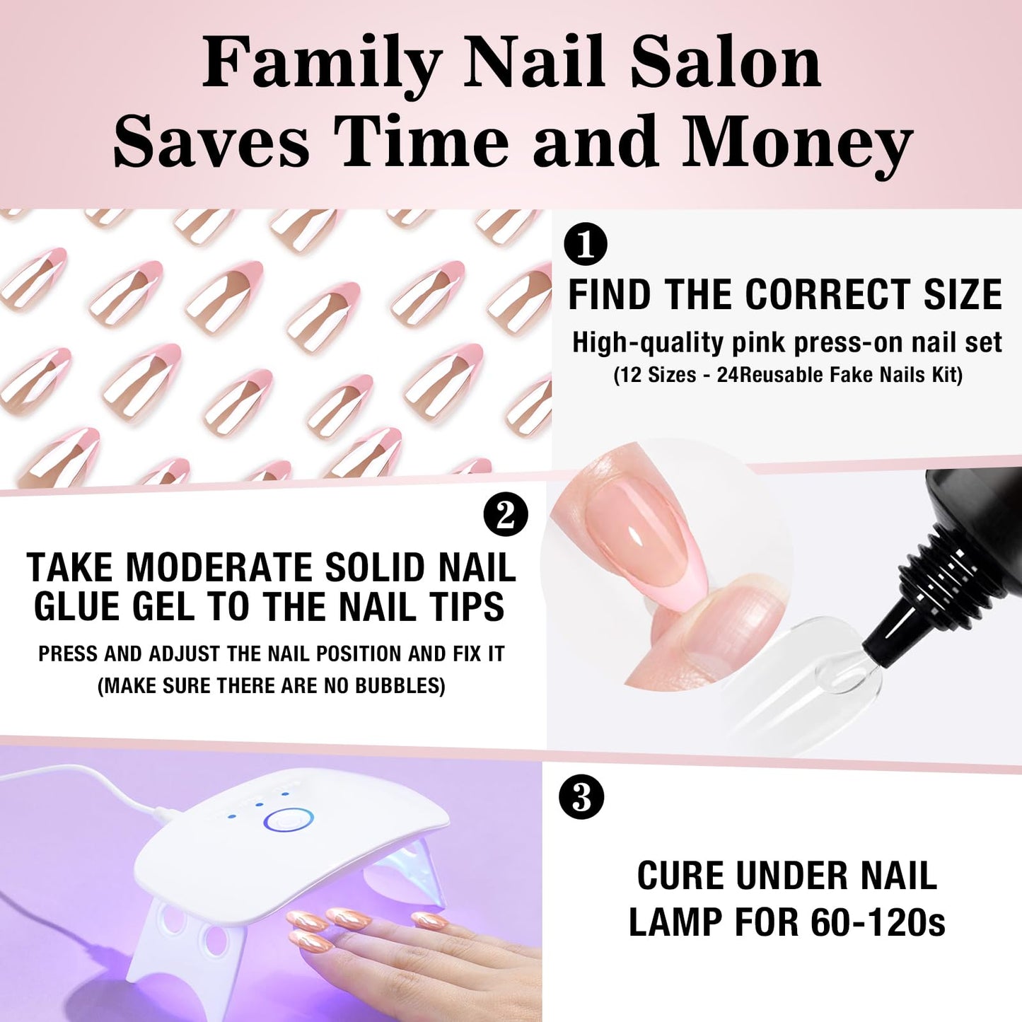 Press On Nails Kit with Nail Lamp, 24Pcs Pink French Tip Short Almond Gel Nails 16 Sizes, All-in-One DIY Kit with Glue Remover Top Coat Cuticle Oil Mini UV Lamp, 28+ Days Long Lasting, Gift for Women