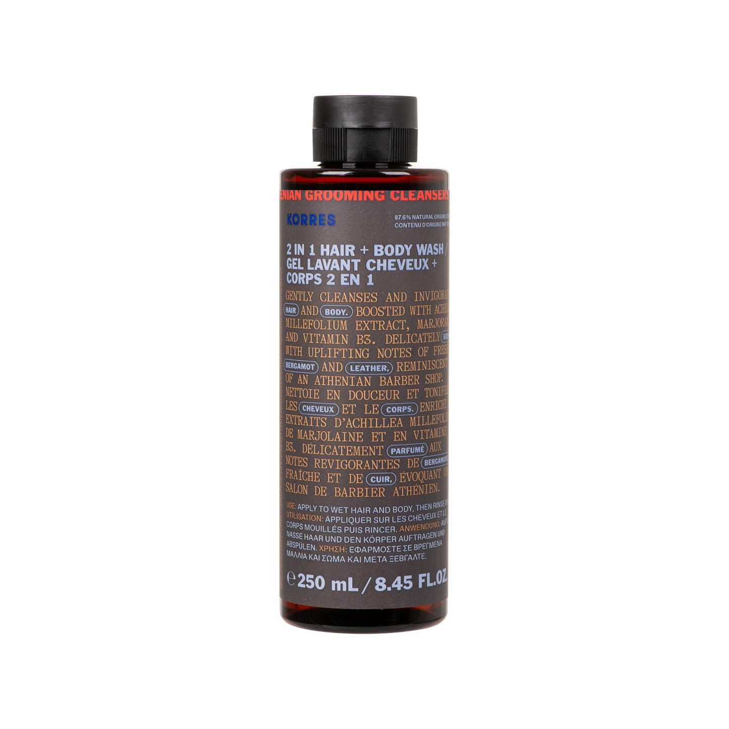 KORRES Athenian Grooming 2-in-1 Men’s Shampoo & Shower Gel, Moisturising & Detangling Formula, Achillea Millefolium & Marjoram Extracts, Bergamot & Leather Scent, Silicone & Paraben Free, 8.45 Fl Oz